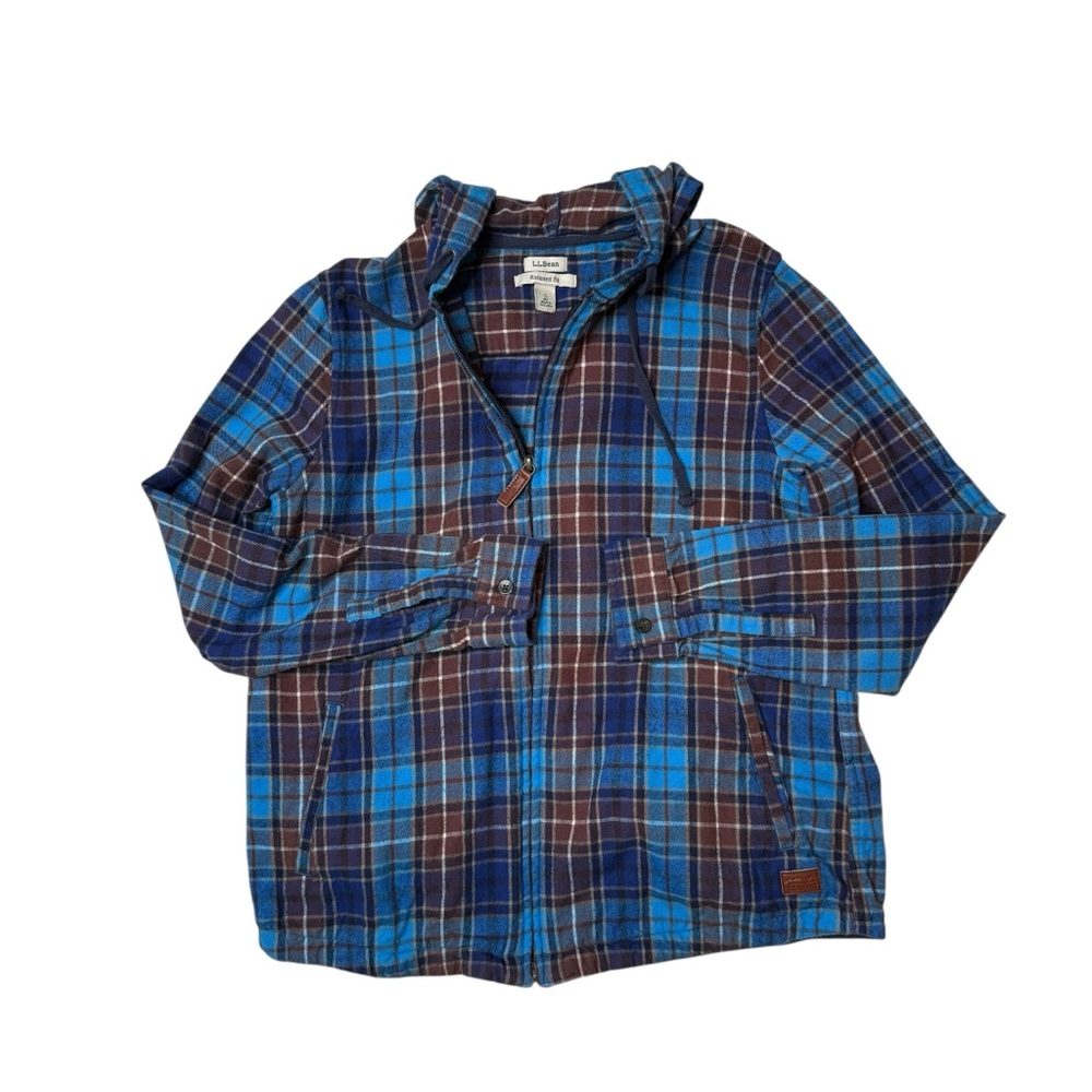 LL Bean Scotch Plaid Flannel Shirt Relaxed Zip Hoodie Blue Brown Purple‎ Small